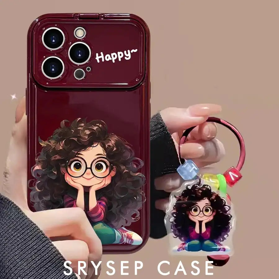 Cute Curly Haired Girl Pendant Phone Case For iPhone With Makeup Mirror Back Cover