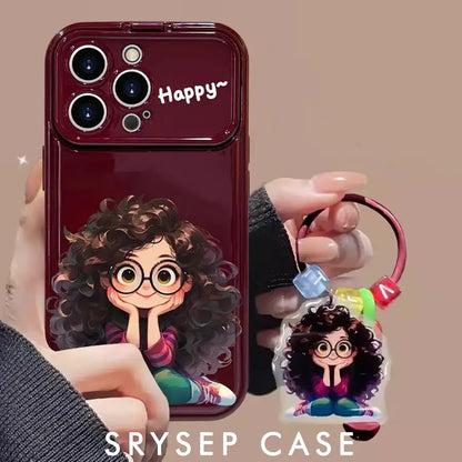 Cute Curly Haired Girl Pendant Phone Case For iPhone With Makeup Mirror Back Cover