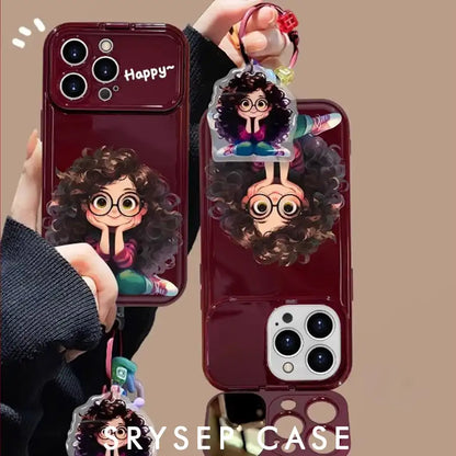 Cute Curly Haired Girl Pendant Phone Case For iPhone With Makeup Mirror Back Cover