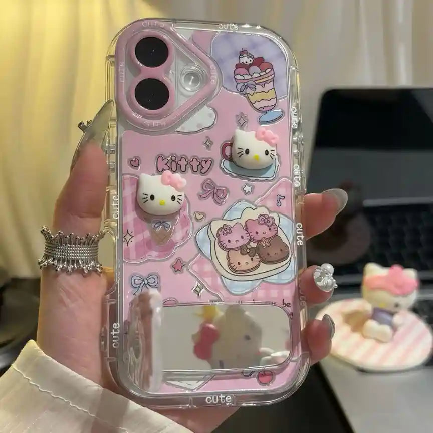 Cute 3D Kitty With Makeup Mirror Foldable Kickstand Case Cover For iPhone
