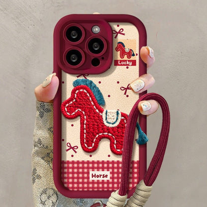 Cute Embroidered Pony Phone Case for iPhone 17 Air 16 15 14 13 12 11 X Pro Max Plus With Lanyard