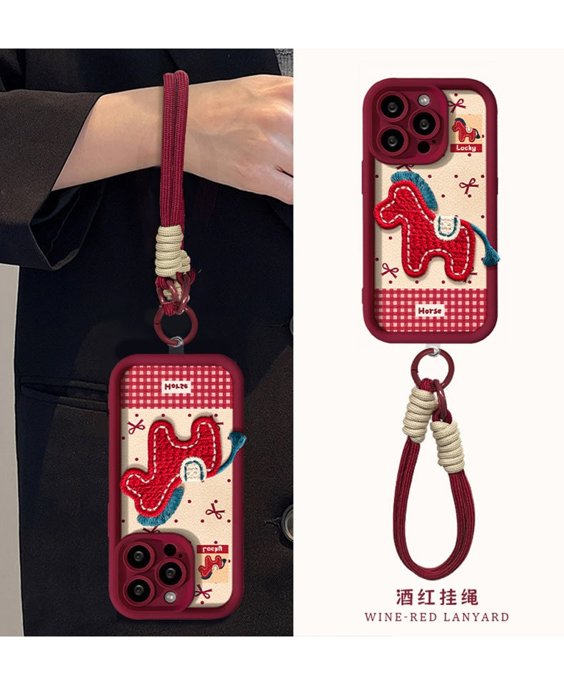 Cute Embroidered Pony Phone Case for iPhone 17 Air 16 15 14 13 12 11 X Pro Max Plus With Lanyard
