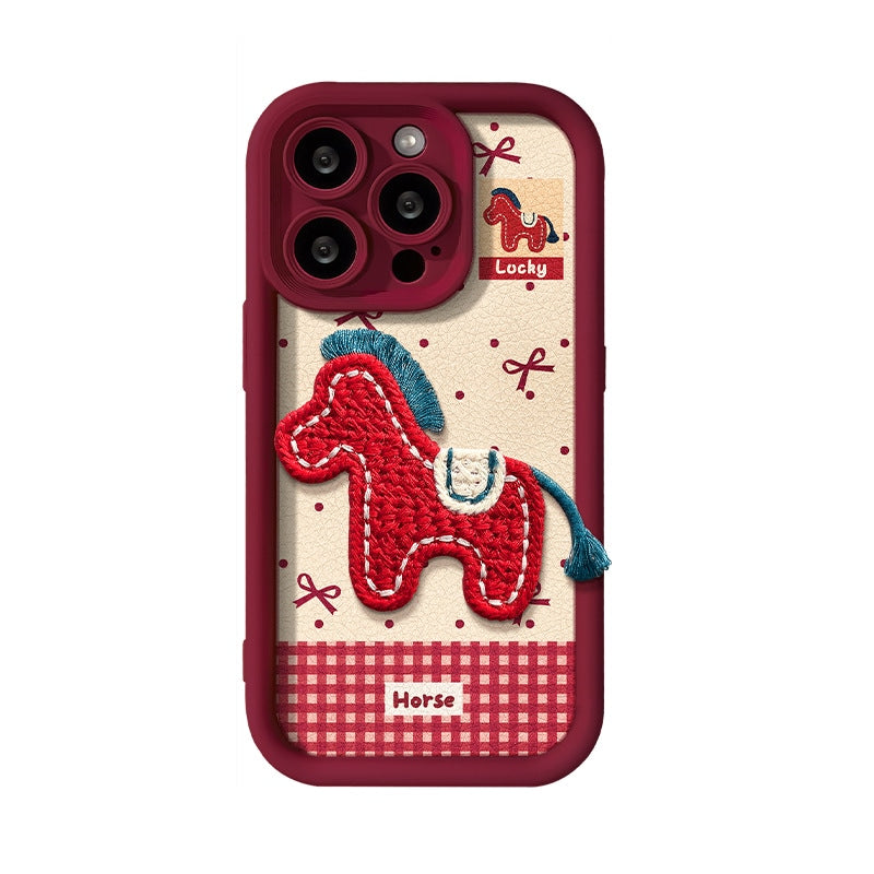 Cute Embroidered Pony Phone Case for iPhone 17 Air 16 15 14 13 12 11 X Pro Max Plus With Lanyard