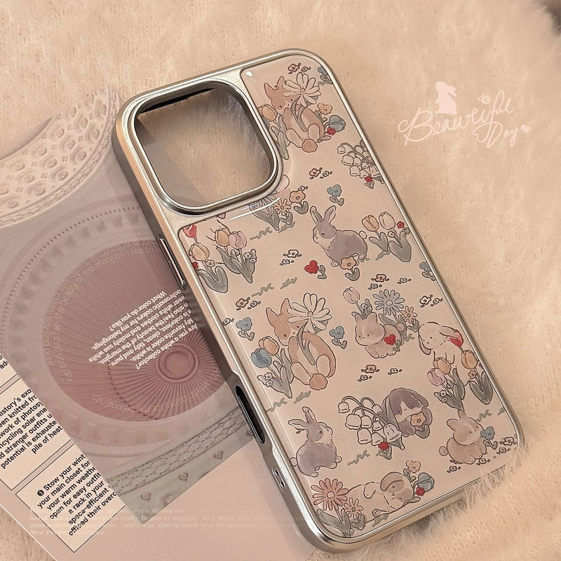 Coque mignonne à fleurs et lapin pour iPhone 17, 16, 15, 14, 13, 12, 11 Pro Max, X, XR, 7 et 8