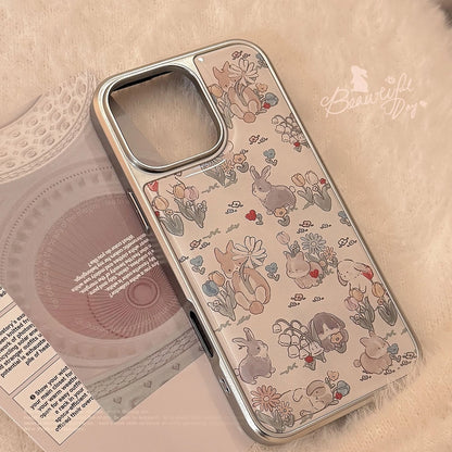 Coque mignonne à fleurs et lapin pour iPhone 17, 16, 15, 14, 13, 12, 11 Pro Max, X, XR, 7 et 8
