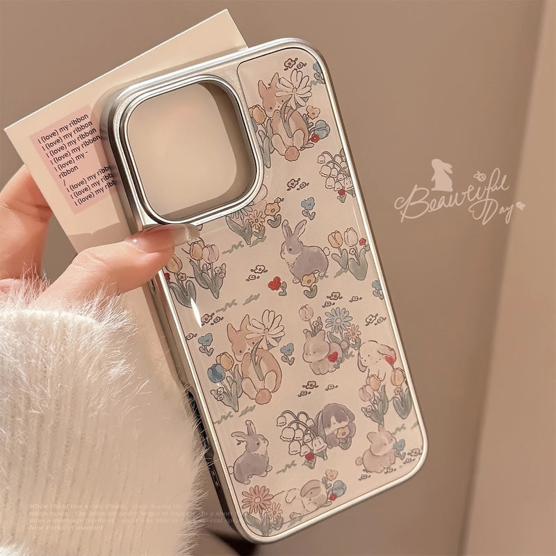 Coque mignonne à fleurs et lapin pour iPhone 17, 16, 15, 14, 13, 12, 11 Pro Max, X, XR, 7 et 8