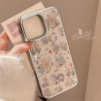 Coque mignonne à fleurs et lapin pour iPhone 17, 16, 15, 14, 13, 12, 11 Pro Max, X, XR, 7 et 8
