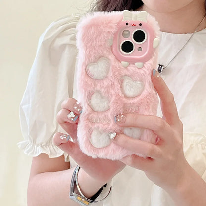 Cute Heart Piggy Bow Velvet Phone Case For iPhone 17 16 15 14 13 12 Pro Max Plus 11