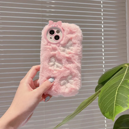 Cute Heart Piggy Bow Velvet Phone Case For iPhone 17 16 15 14 13 12 Pro Max Plus 11