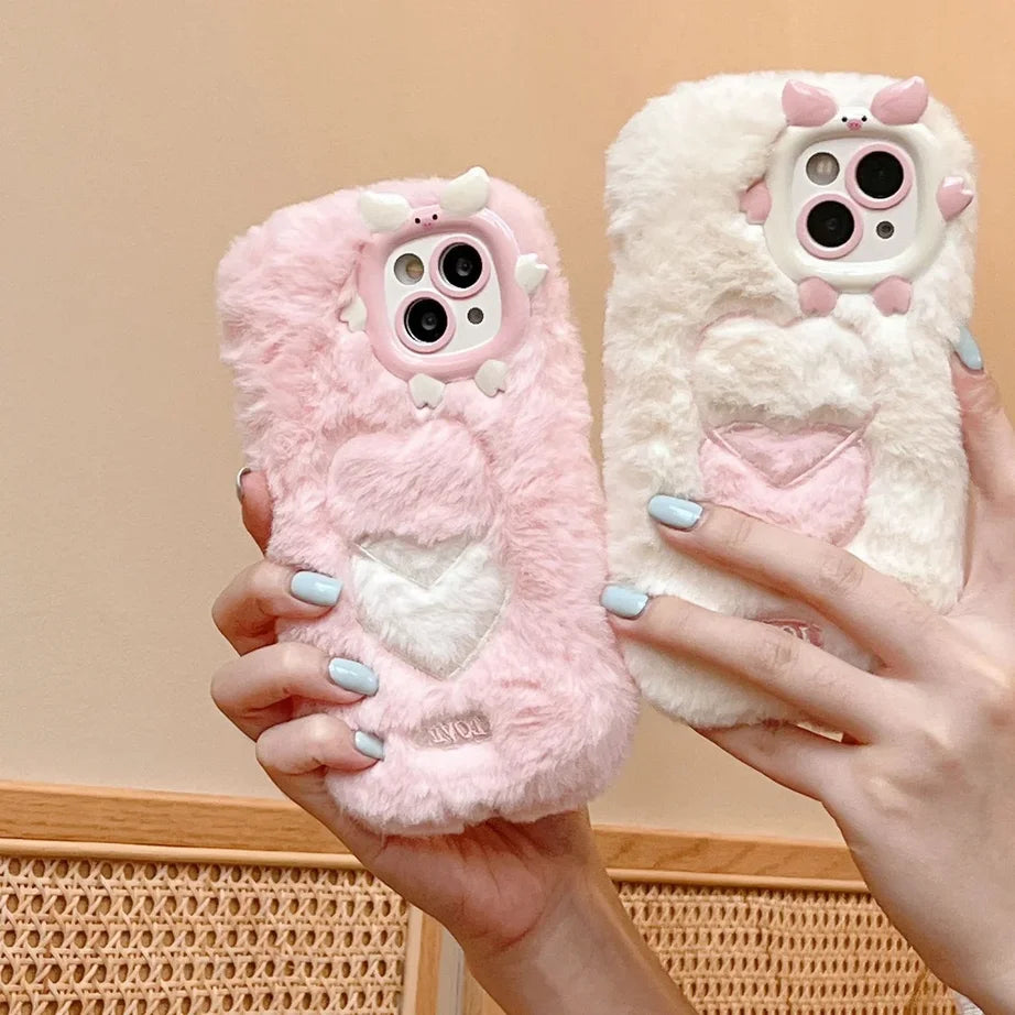Cute Heart Piggy Bow Velvet Phone Case For iPhone 17 16 15 14 13 12 Pro Max Plus 11