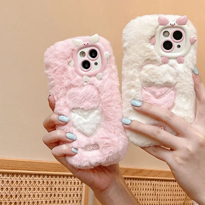 Cute Heart Piggy Bow Velvet Phone Case For iPhone 17 16 15 14 13 12 Pro Max Plus 11