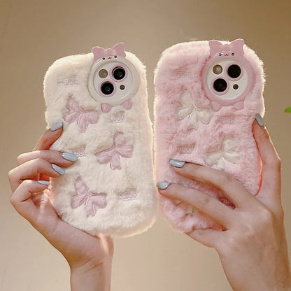 Cute Heart Piggy Bow Velvet Phone Case For iPhone 17 16 15 14 13 12 Pro Max Plus 11