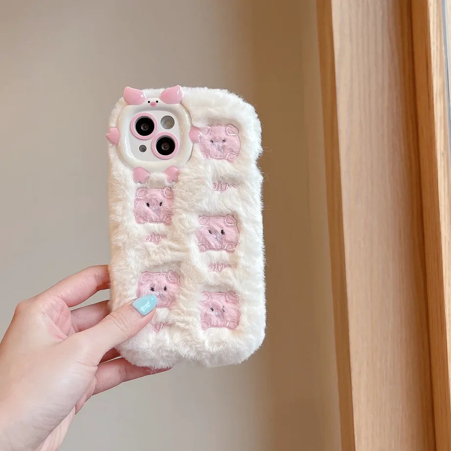 Cute Heart Piggy Bow Velvet Phone Case For iPhone 17 16 15 14 13 12 Pro Max Plus 11