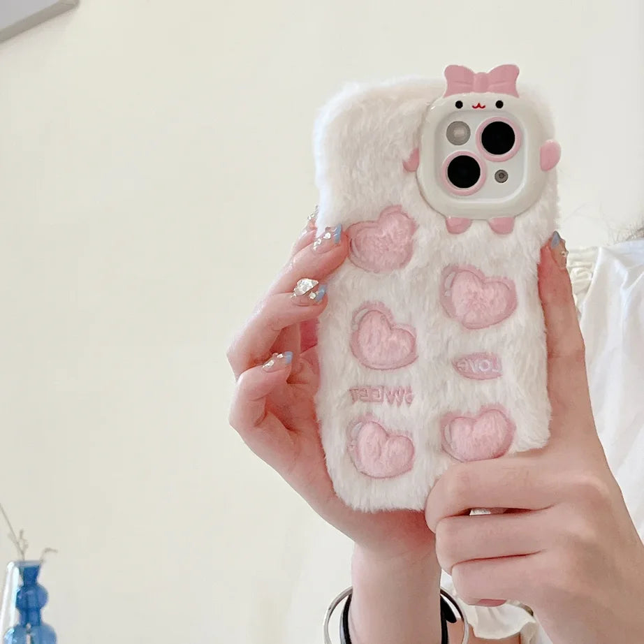 Cute Heart Piggy Bow Velvet Phone Case For iPhone 17 16 15 14 13 12 Pro Max Plus 11