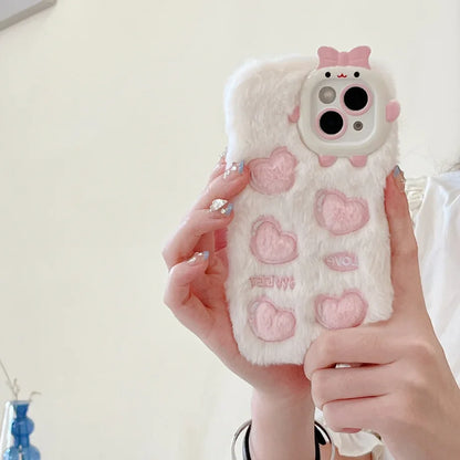 Cute Heart Piggy Bow Velvet Phone Case For iPhone 17 16 15 14 13 12 Pro Max Plus 11