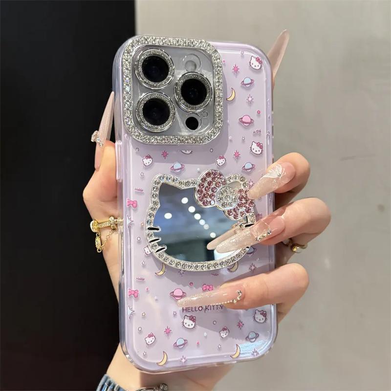 Cute Kitten Makeup Mirror Glitter Phone Case For iPhone 17 16 15 14 13 12 Pro Max Plus 11
