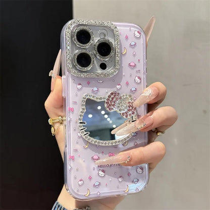 Cute Kitten Makeup Mirror Glitter Phone Case For iPhone 17 16 15 14 13 12 Pro Max Plus 11