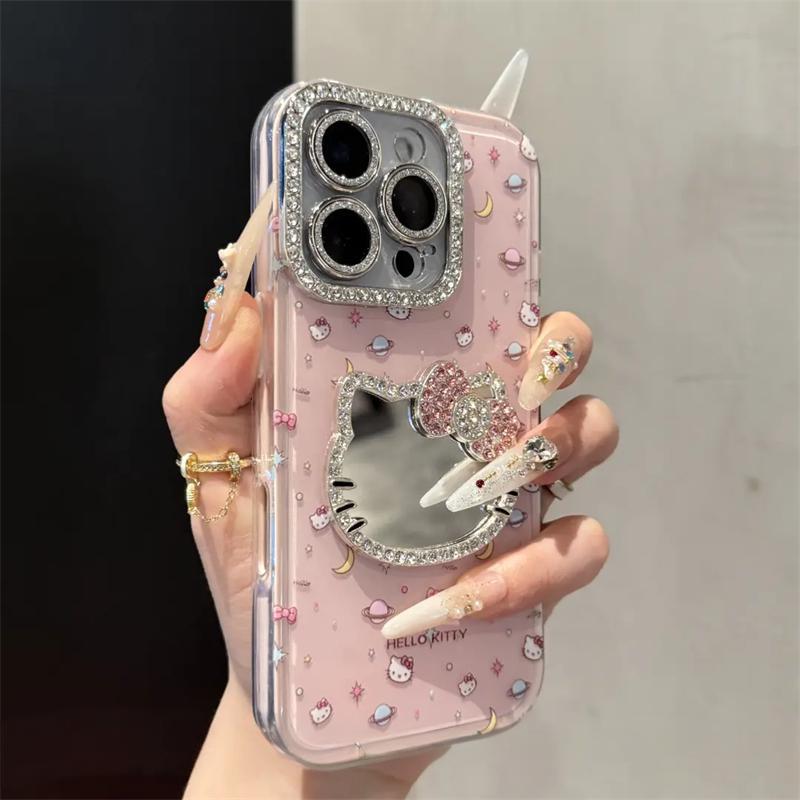 Cute Kitten Makeup Mirror Glitter Phone Case For iPhone 17 16 15 14 13 12 Pro Max Plus 11