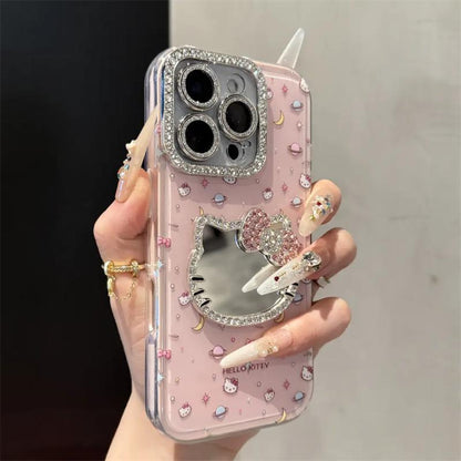 Cute Kitten Makeup Mirror Glitter Phone Case For iPhone 17 16 15 14 13 12 Pro Max Plus 11
