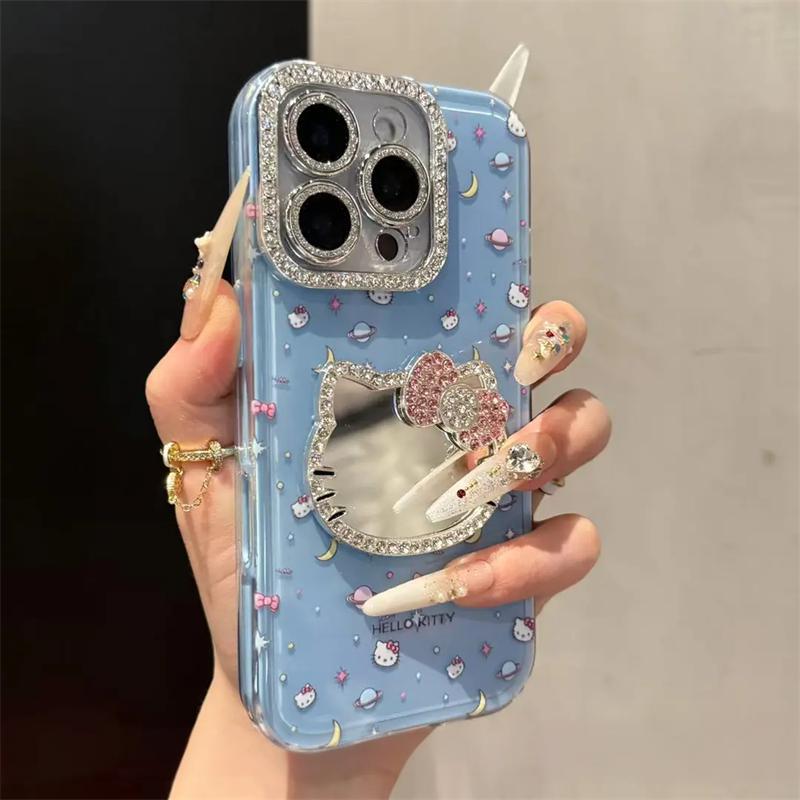 Cute Kitten Makeup Mirror Glitter Phone Case For iPhone 17 16 15 14 13 12 Pro Max Plus 11