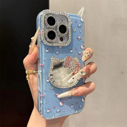 Cute Kitten Makeup Mirror Glitter Phone Case For iPhone 17 16 15 14 13 12 Pro Max Plus 11