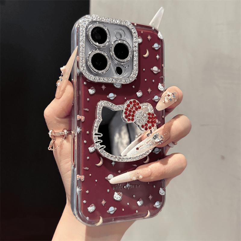 Cute Kitten Makeup Mirror Glitter Phone Case For iPhone 17 16 15 14 13 12 Pro Max Plus 11