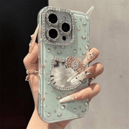 Cute Kitten Makeup Mirror Glitter Phone Case For iPhone 17 16 15 14 13 12 Pro Max Plus 11