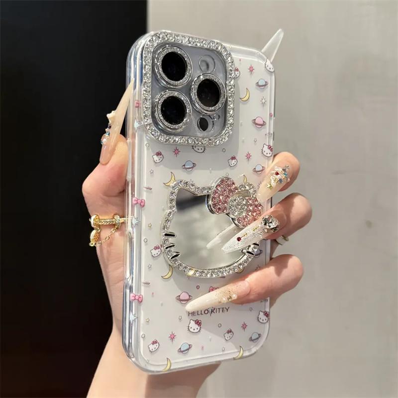 Cute Kitten Makeup Mirror Glitter Phone Case For iPhone 17 16 15 14 13 12 Pro Max Plus 11