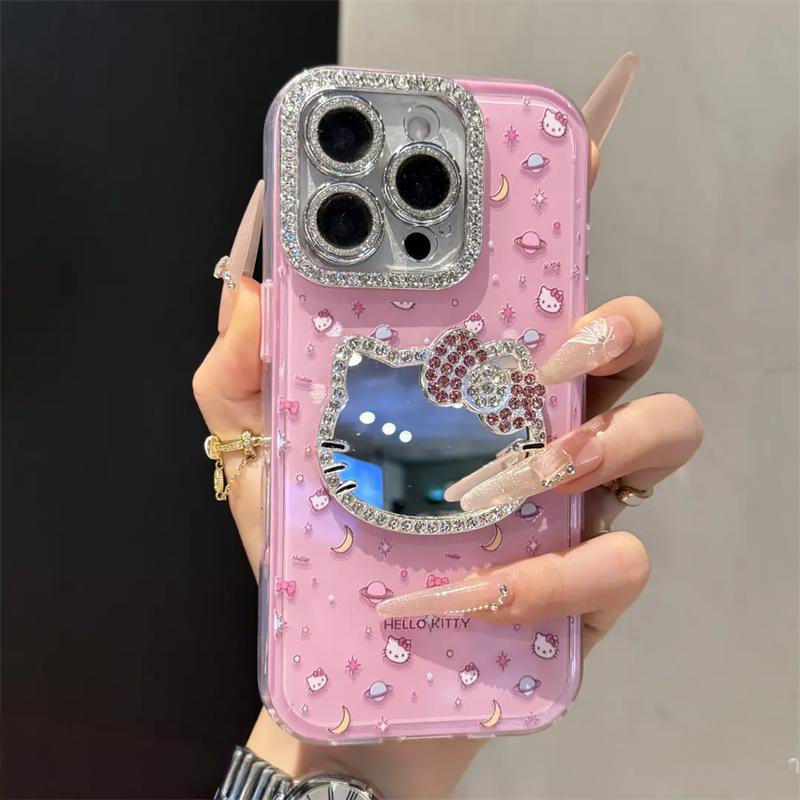 Cute Kitten Makeup Mirror Glitter Phone Case For iPhone 17 16 15 14 13 12 Pro Max Plus 11