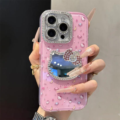 Cute Kitten Makeup Mirror Glitter Phone Case For iPhone 17 16 15 14 13 12 Pro Max Plus 11
