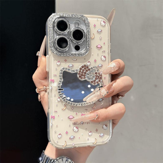 Cute Kitten Makeup Mirror Glitter Phone Case For iPhone 17 16 15 14 13 12 Pro Max Plus 11