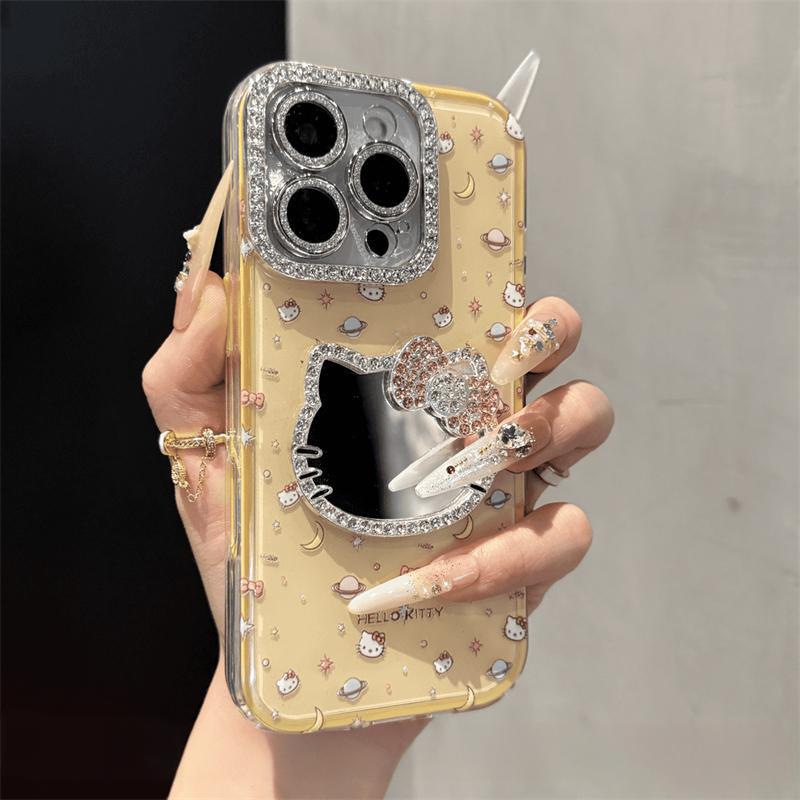 Cute Kitten Makeup Mirror Glitter Phone Case For iPhone 17 16 15 14 13 12 Pro Max Plus 11