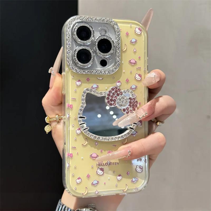 Cute Kitten Makeup Mirror Glitter Phone Case For iPhone 17 16 15 14 13 12 Pro Max Plus 11