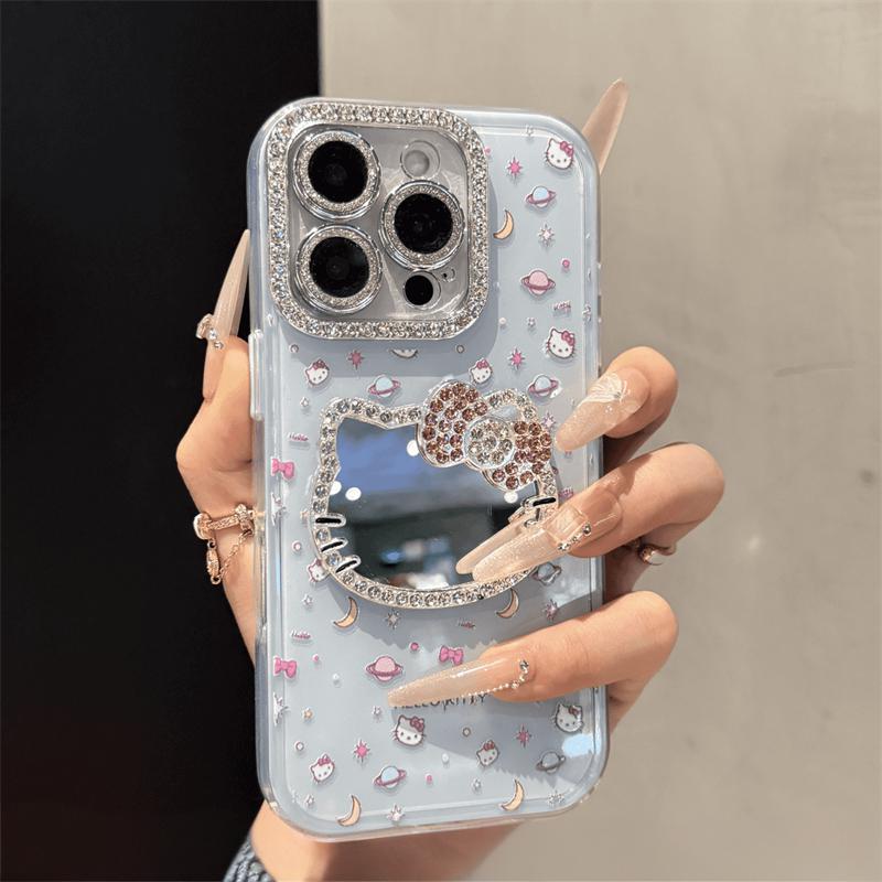 Cute Kitten Makeup Mirror Glitter Phone Case For iPhone 17 16 15 14 13 12 Pro Max Plus 11