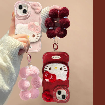Cute Kitty Cat Plush Bracelet Phone Case For iPhone 17 16 15 14 13 12 Pro Max Plus 11 XR X