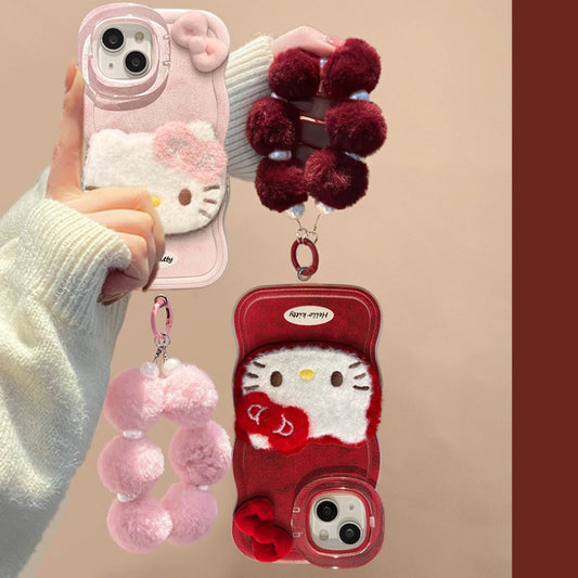 Cute Kitty Cat Plush Bracelet Phone Case For iPhone 17 16 15 14 13 12 Pro Max Plus 11 XR X