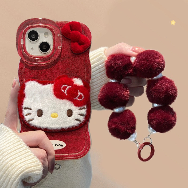 Cute Kitty Cat Plush Bracelet Phone Case For iPhone 17 16 15 14 13 12 Pro Max Plus 11 XR X