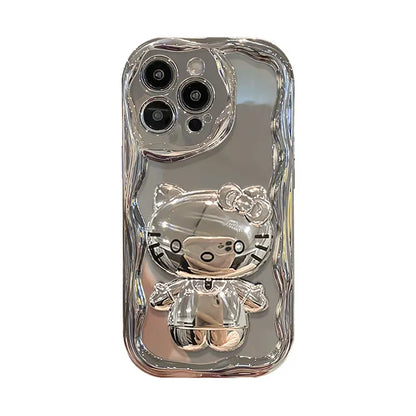 Silver Kitty Kickstand Phone Case For iPhone Makeup Mirror Back Cover