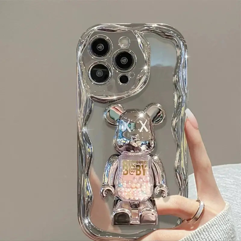 Silver Kitty Kickstand Phone Case For iPhone Makeup Mirror Back Cover