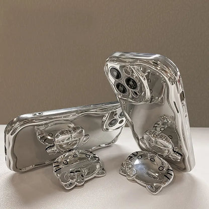 Silver Kitty Kickstand Phone Case For iPhone Makeup Mirror Back Cover