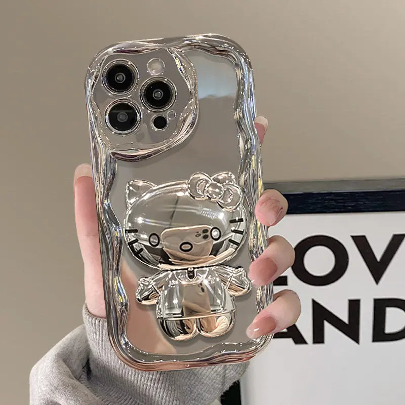 Silver Kitty Kickstand Phone Case For iPhone Makeup Mirror Back Cover