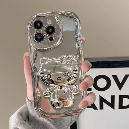 Silver Kitty Kickstand Phone Case For iPhone Makeup Mirror Back Cover