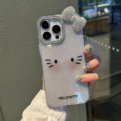 Cute Kitty With 3D Diamonds Bow Shiny Phone Case For iPhone Back Cover