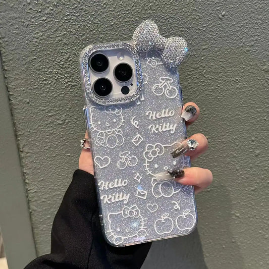 Cute Kitty With 3D Diamonds Bow Shiny Phone Case For iPhone Back Cover