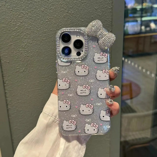 Cute Kitty With 3D Diamonds Bow Shiny Phone Case For iPhone Back Cover