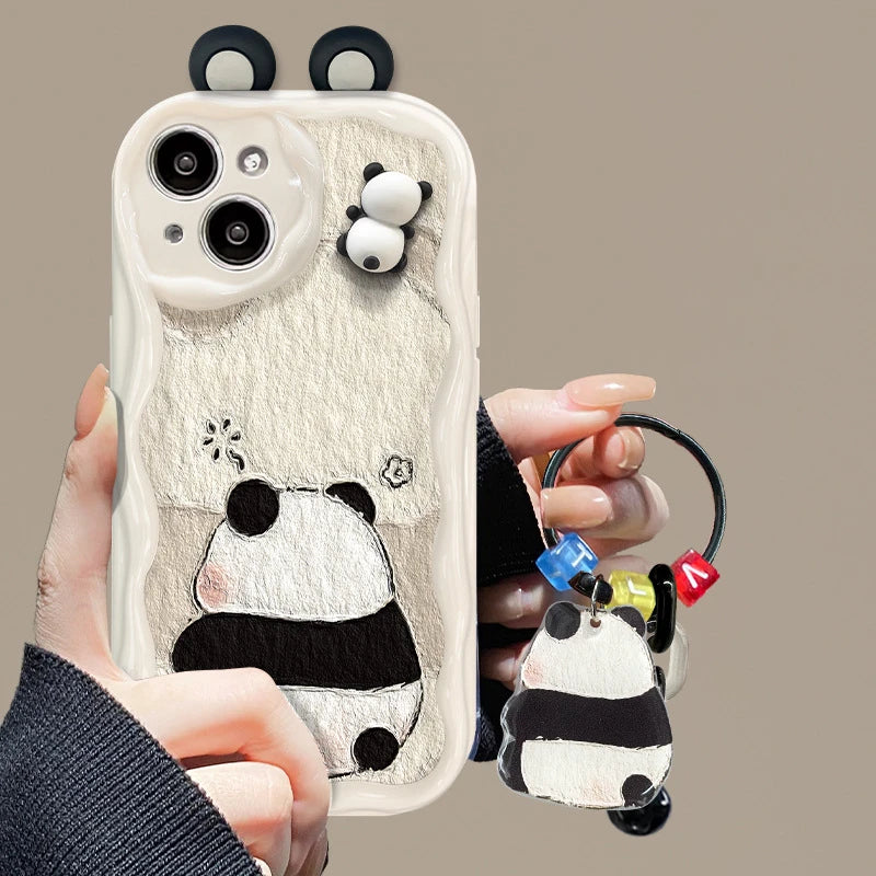 Cute Panda Wavy Edge Phone Case for iPhone All 17 16 15 14 13 12 11 X Series Models With Fold Panda Airbag Bracket Lanyard