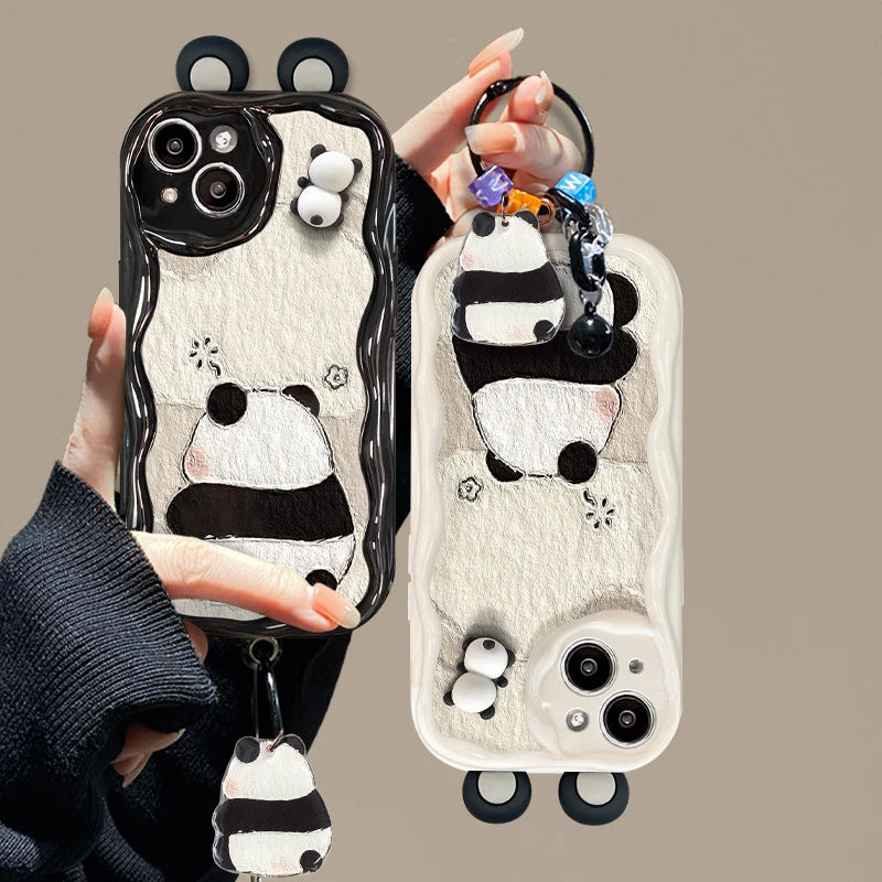Cute Panda Wavy Edge Phone Case for iPhone All 17 16 15 14 13 12 11 X Series Models With Fold Panda Airbag Bracket Lanyard
