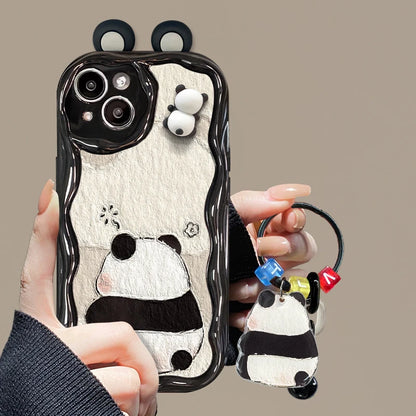 Cute Panda Wavy Edge Phone Case for iPhone All 17 16 15 14 13 12 11 X Series Models With Fold Panda Airbag Bracket Lanyard