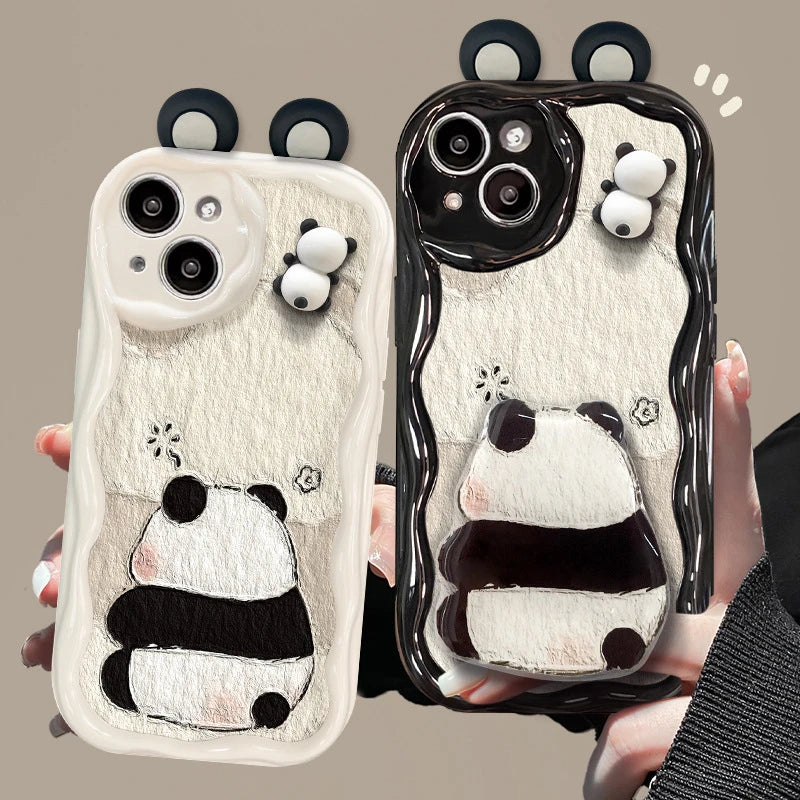 Cute Panda Wavy Edge Phone Case for iPhone All 17 16 15 14 13 12 11 X Series Models With Fold Panda Airbag Bracket Lanyard