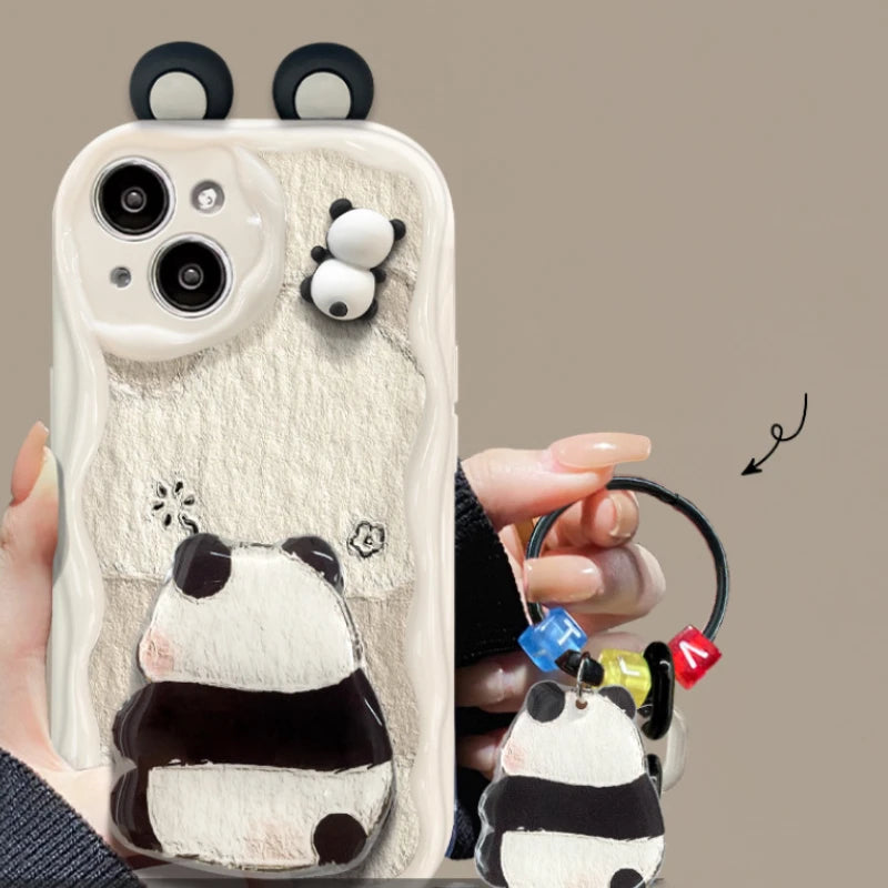 Cute Panda Wavy Edge Phone Case for iPhone All 17 16 15 14 13 12 11 X Series Models With Fold Panda Airbag Bracket Lanyard